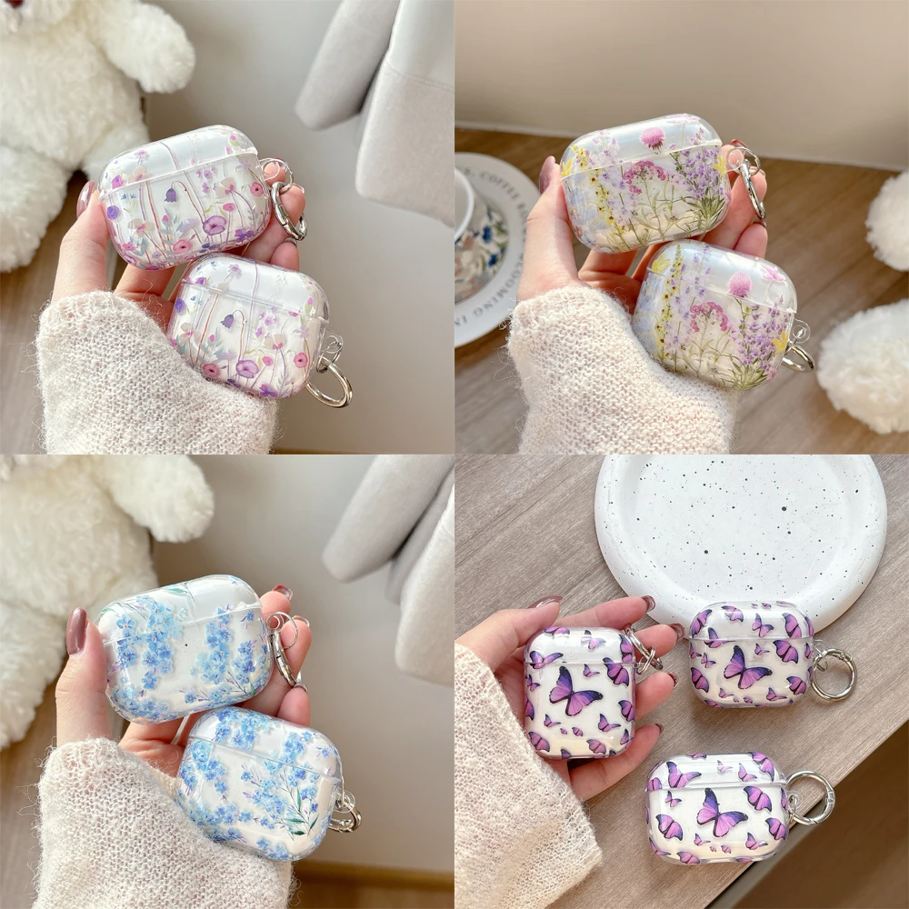 

Прозрачный милый чехол для наушников с цветочным узором и бабочками для Airpods 1 2 3 4 Pro Pro2 Pro3, мягкий защитный чехол из ТПУ