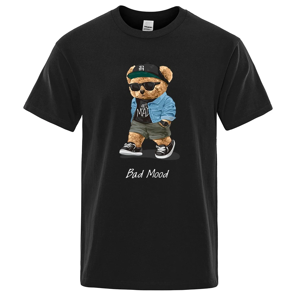 

Летняя Повседневная футболка с надписью «Get Mad Bad Mood ходьба Silent Teddy Bear», Мужская футболка с коротким рукавом, топы в стиле хип-хоп, свободные мужские футболки большого размера