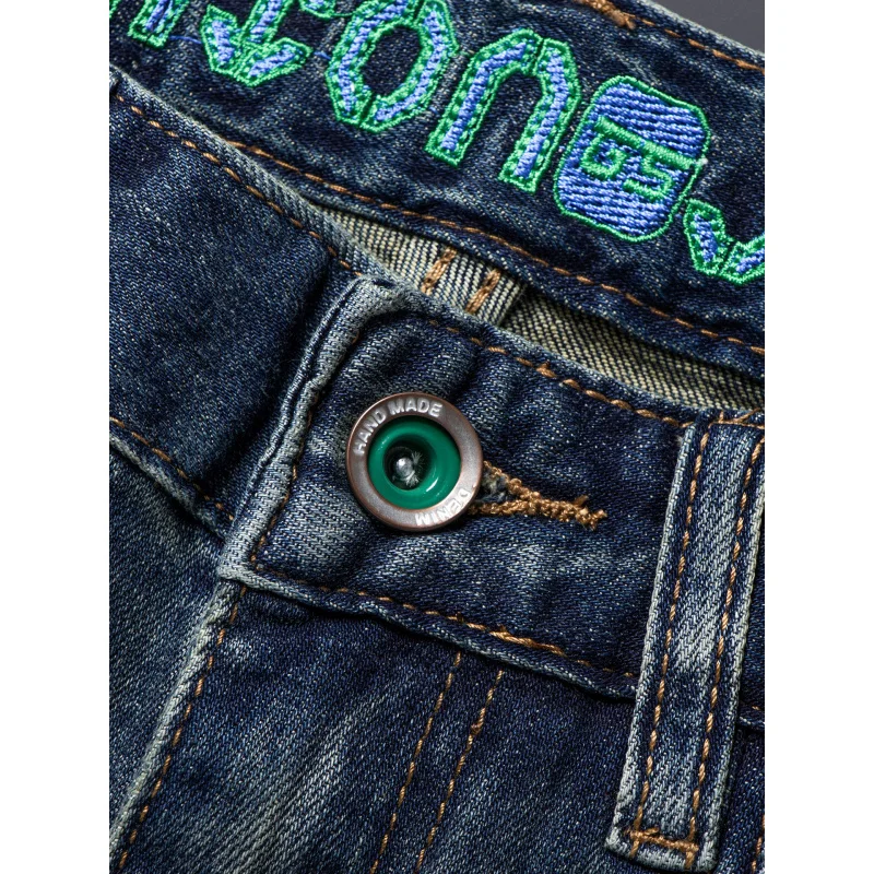 高級メンズジーンズ 夏 薄手 ストレッチ スキニーフィット トレンド 韓国風 おしゃれ 刺繍 レトロパンツ