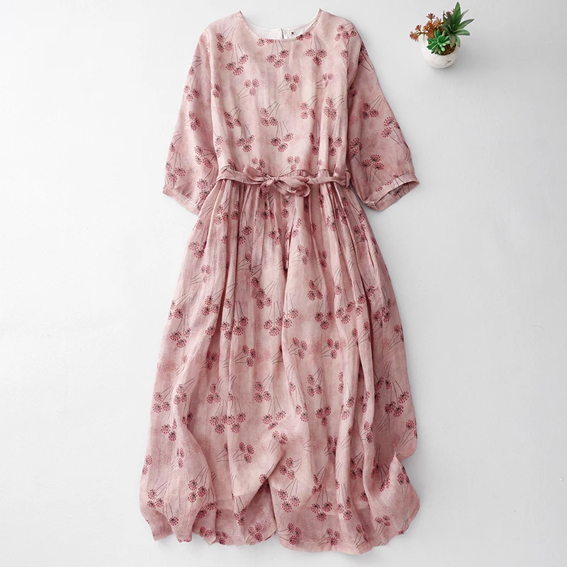 Nieuwe bloemenkatoen Dr Artistieke losse taille Cinched lange rok Lente middellange Sve zevenkwart polyester linnenmix