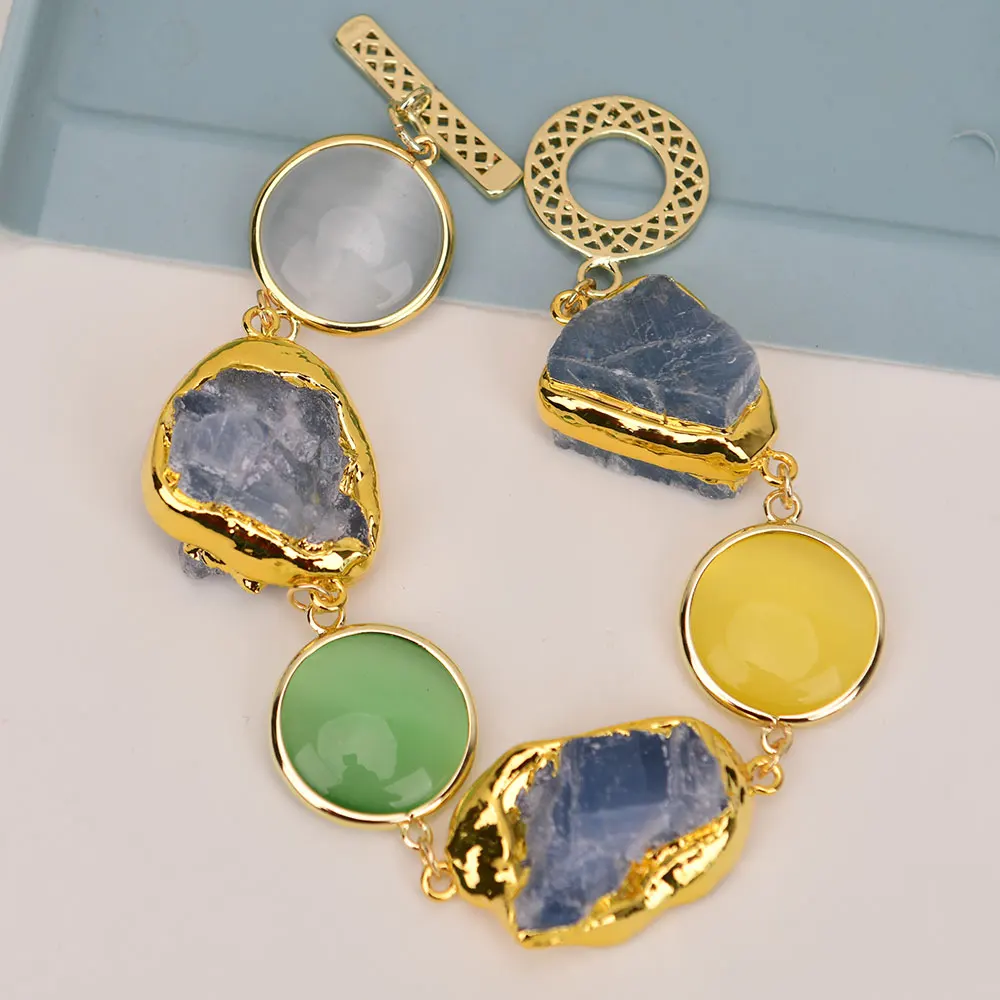 GG Natural Blue Cordierite Iolite Stone Multi Color Cat eye Coin Beads Bracelet
