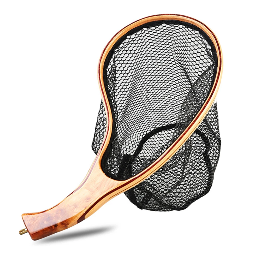 

35cm Curved Handle Solid Wood Fly Fishing Net - Ultralight Rubber Mesh Micro Fish Landing Net for Trout/Whitefish in Streams