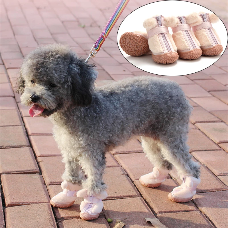 4PCS/Set Soft Plush Puppy Shoes Non Slip Winter Snow Boots for Small Dogs Waterproof Pet Dog Booties for Poodle Teddy Yorkshire