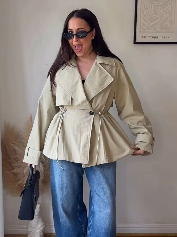 Damen-Trenchcoat mit Reverskragen, schick, verstellbarer Doppelzugband-Taille, Ein-Knopf-Verschluss, einfarbig, modisch, lässig