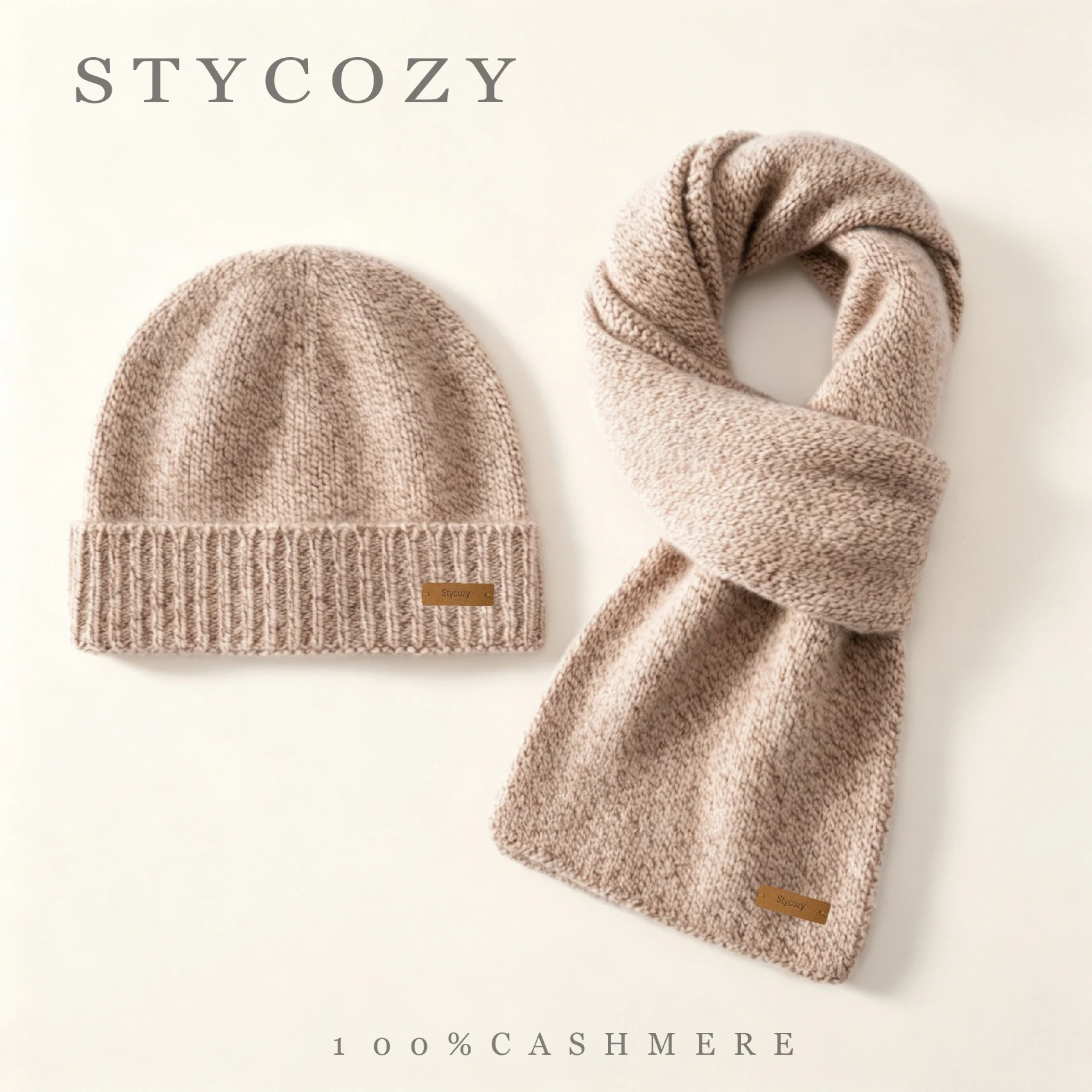 100% Cashmere Beanie&Scarf Set Unisex Matching Solid Color Thick Knit Cuffed Rib Skullie Winter Soft Warm 2 Ps Accessory Hat Set