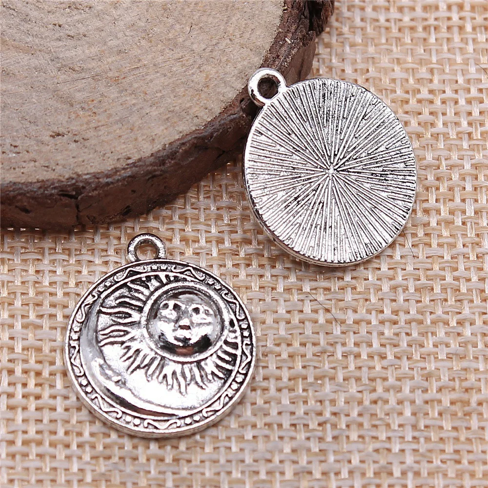 WYSIWYG 4pcs 19x23mm Antique Silver Color Sun Moon Disc Charms Pendant For DIY Jewelry Making Handmade Jewelry Craft Findings