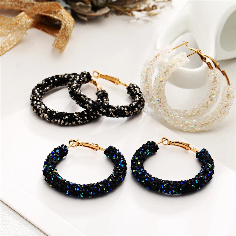 New Design Fashion Charm Crystal Hoop Earrings Geometric Round Shiny Rhinestone Big Earring Jewelry Women Ladies Earrings Metal