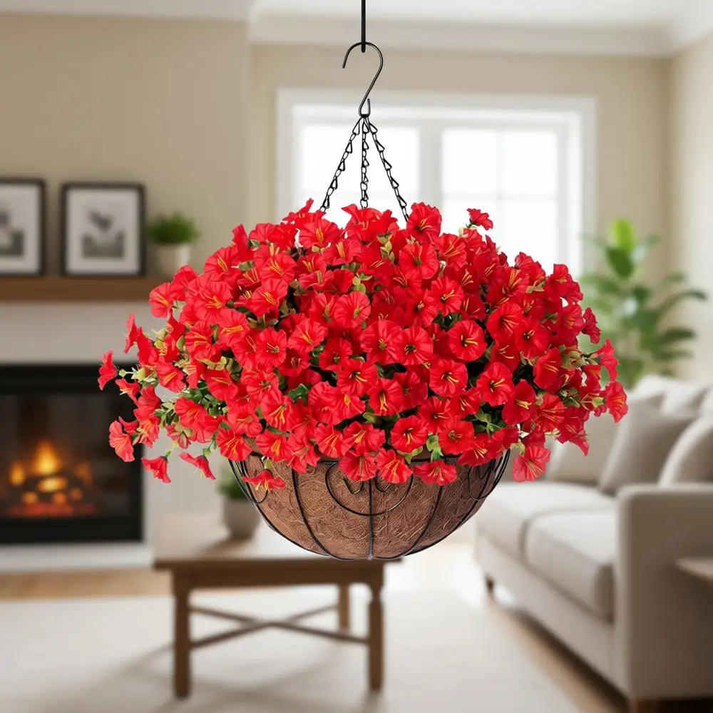 

UV-Resistant Silk Red Morning Glory Hanging Plant Baskets for Outdoor Spring Decorations - Ideal for Door, Porch, Patio, Balcony