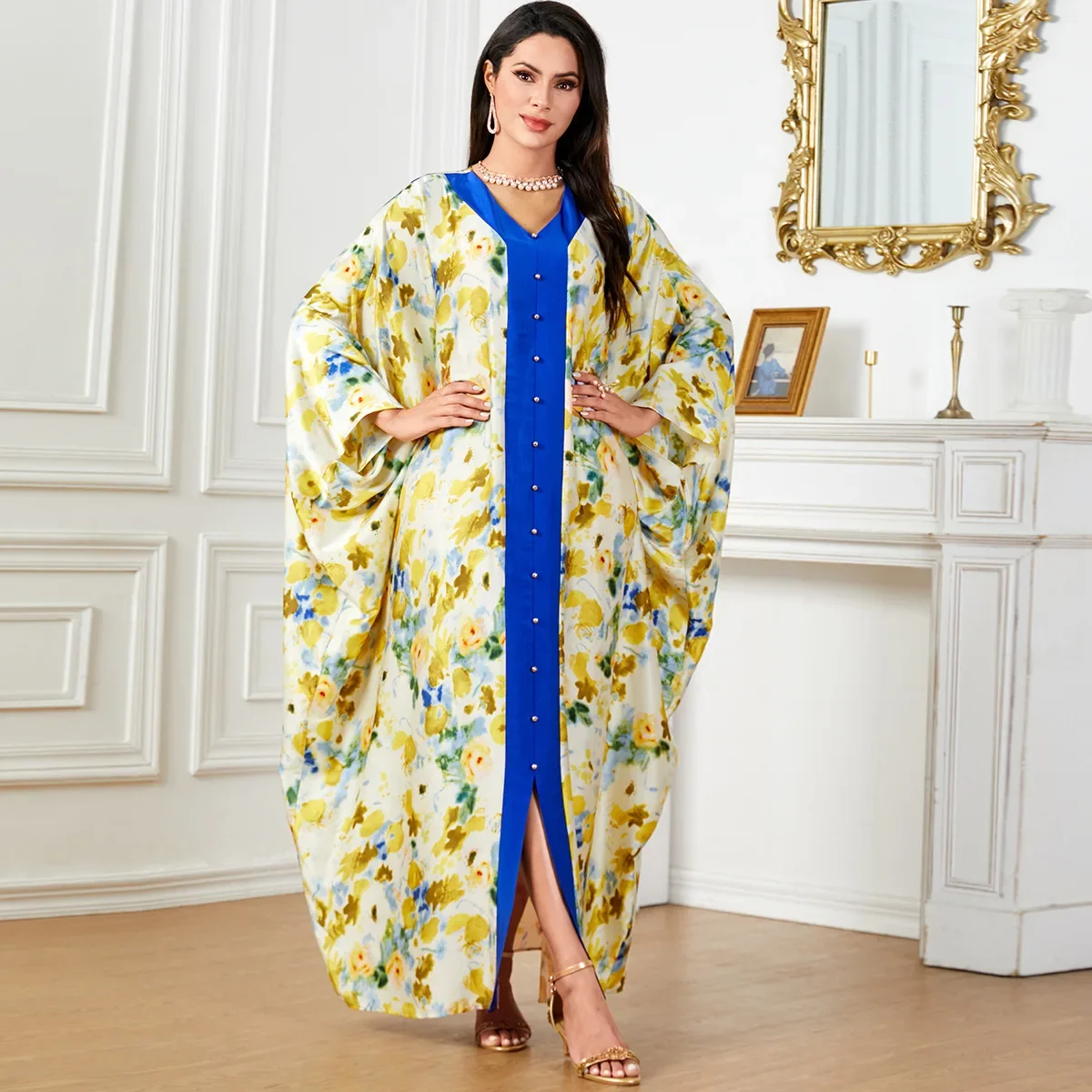 

Morocco Floral Satin Maxi Dress Bead Split Hem Abaya for Women Eid Djellaba Turkey Kaftan Loose Caftan Arabic Robe Dubai Islamic