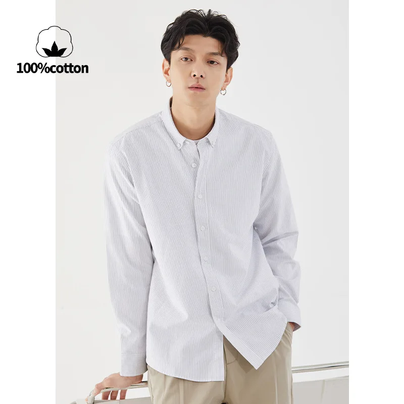 Men's striped oxford cloth long-sleeved shirt. Autumn business casual loose 100% cotton shirt.Breathable, durableS-3XL