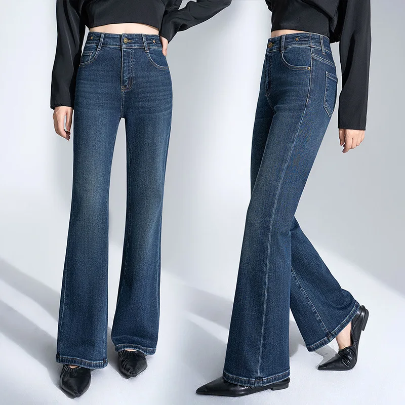 여성용 빈티지 플레어 진 봄과 가을 신상 하이웨이스트 스트레치 슬림핏 드레이프 벨바텀 블루 부츠컷 팬츠