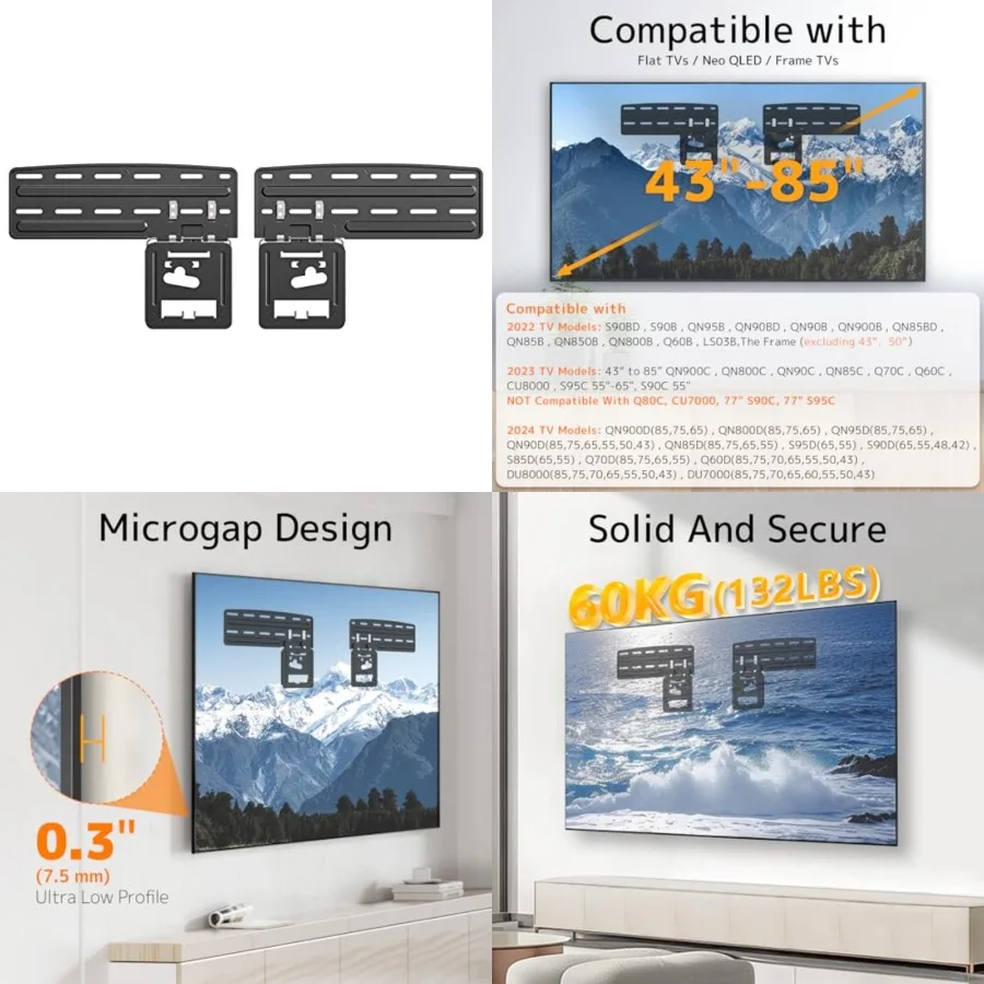 

Ultra Slim TV Mount Slim Fit Wall Mount for 43 to 85 inch 2021 Samsung Neo QLED, Q SeriesTVs, Crystal UHD TVs, The Frame TV (excluding Q80A, AU7000), Hold up to 132 lbs, Max VESA 1200x800