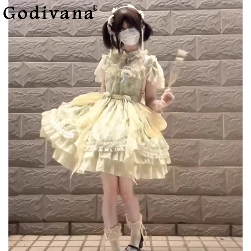 Green Chinese Style Lolita Dress for Women Summer National Style Cute OP Lolita Dress Female Princess Short Sleeve Dress