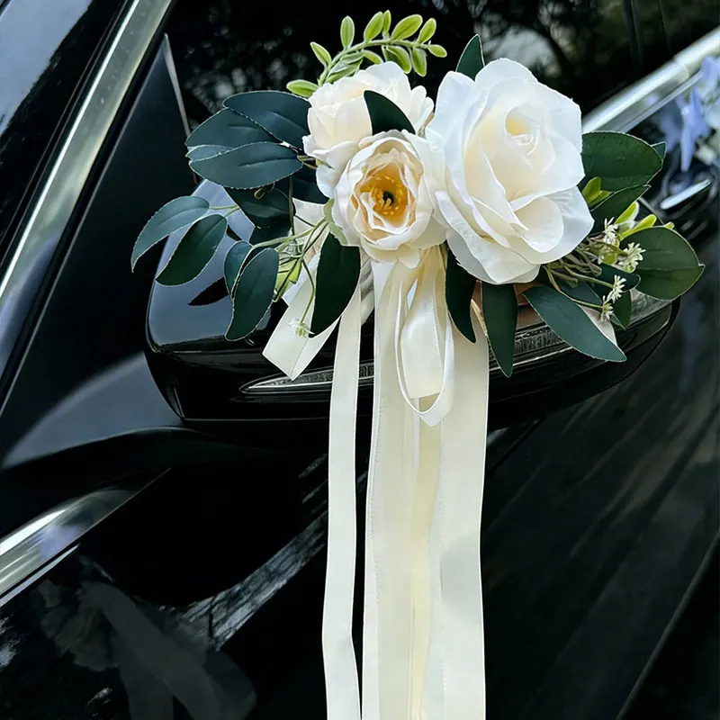 1 Stück Hochzeitsauto-Rückspiegel- und Türgriff-Schleifendekoration, europäische und amerikanische Vintage-Brautparty-Blumen, doppelt verwendbare Schleifenblumen für Hochzeitsstuhlrücken, Satin-Rosen-Schleifenblumen für Hochzeitszubehör. – Detail 4
