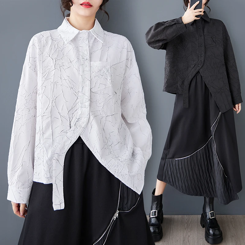 Spring 2025 Loose Large Size Slimming Design Faionable irt Top Pleated Asymmetrical Versatile Sli Women's  Collar...