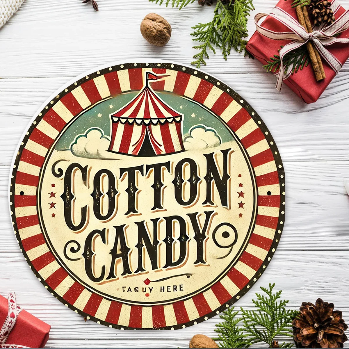 vintage Circus-Style Aluminum Sign, 7.87x7.87 Inches, Red and White Striped Border with Pony Show Tent Design, Flat Printed Meta