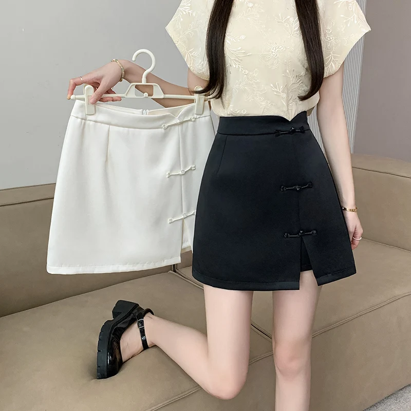 Seoulish-faldas acampanadas de estilo chino para mujer, minifaldas elegantes de cintura alta, Color sólido, informales, para oficina