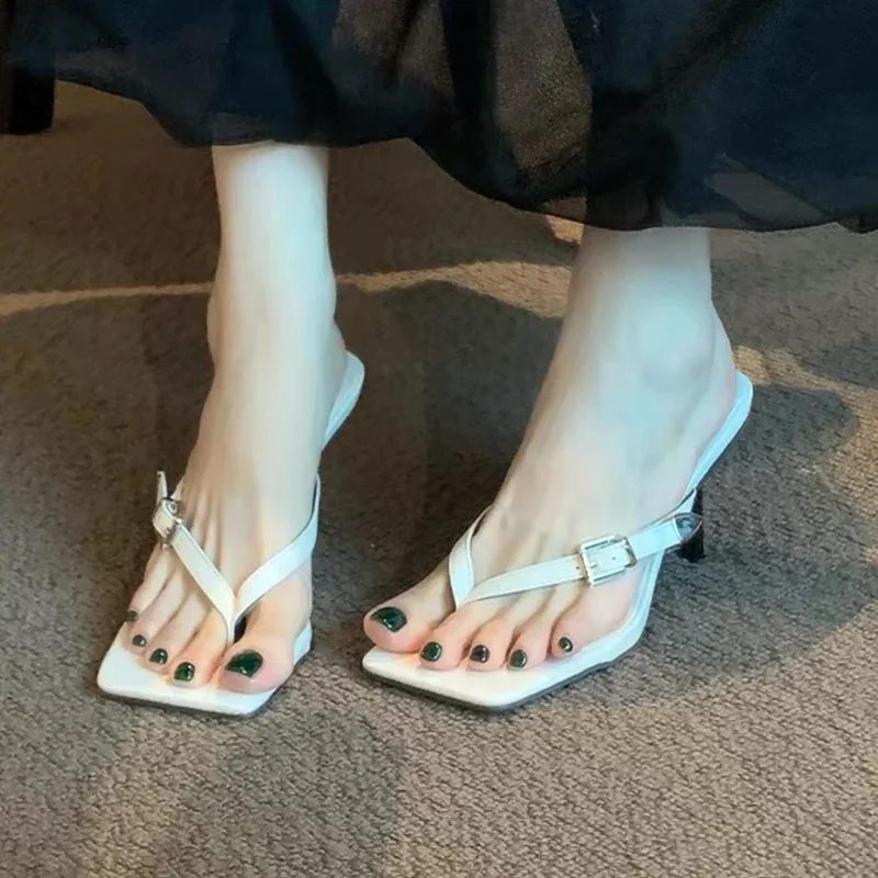 Женские тапочки с квадратным носком, летние туфли на высоком каблуке-шпильке, пикантные сандалии, элегантные женские туфли-лодочки 2025 года, новое платье, модная женская обувь