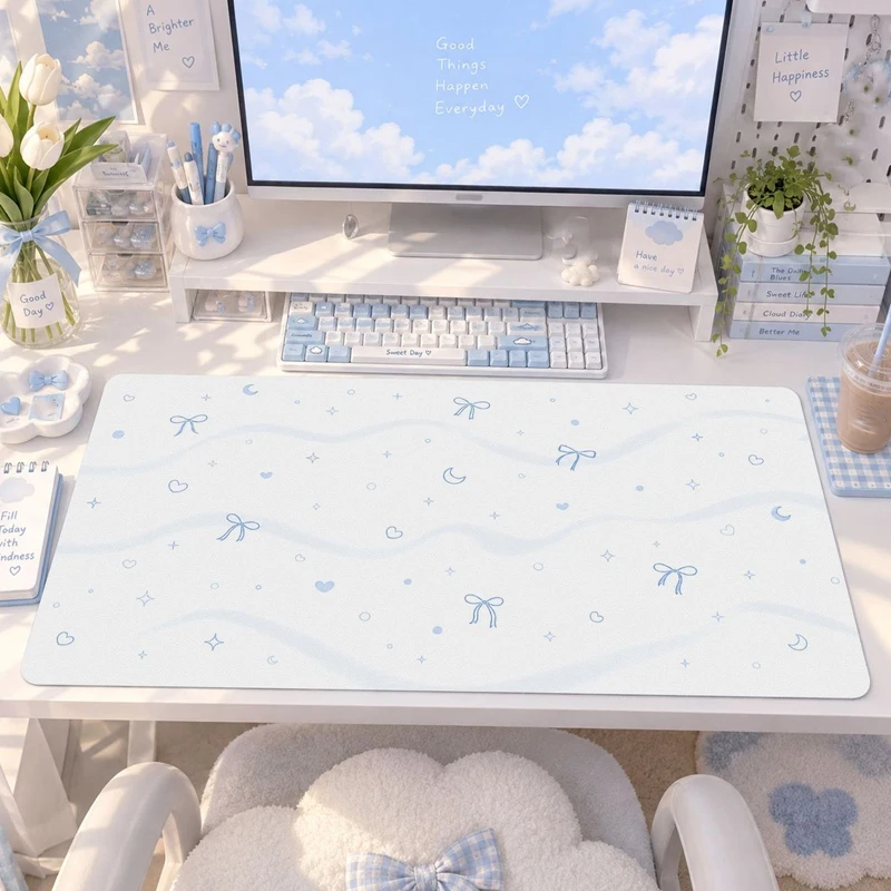 Korea Ins Style Leather Mouse Pad Fresh Blue Wave Dot Bow Non-Slip Desk Mat For Girl Room Decor Aesthetic Decoration Deskpad Rug