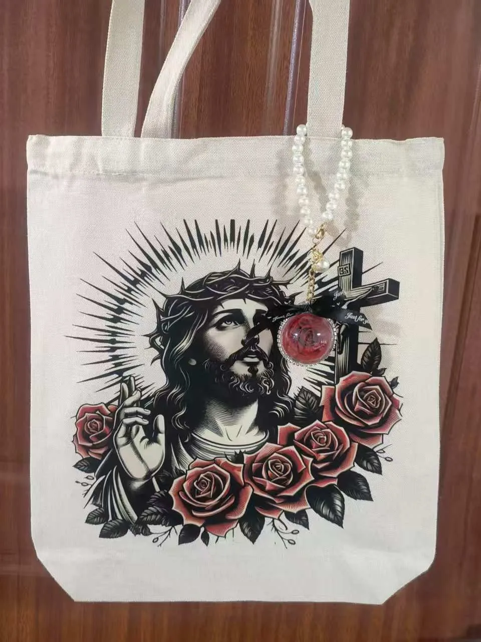 

Easter Worship Tote - Embroidery Floral Canvas Bag | Lightweight Religious Shopper for Bible Study