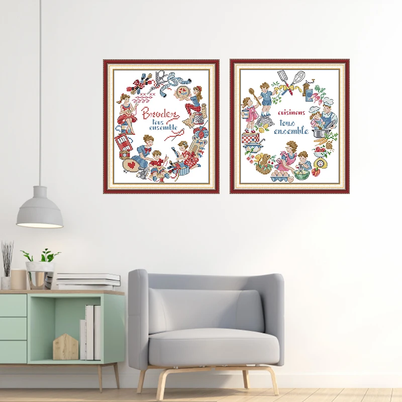 Cross Stitch Kit Joy Sunday Cooking Together HD Pattern Printed Counted Fabric Aida 16CT 14CT 11CT DIY Embroidery Kit Art Crafts