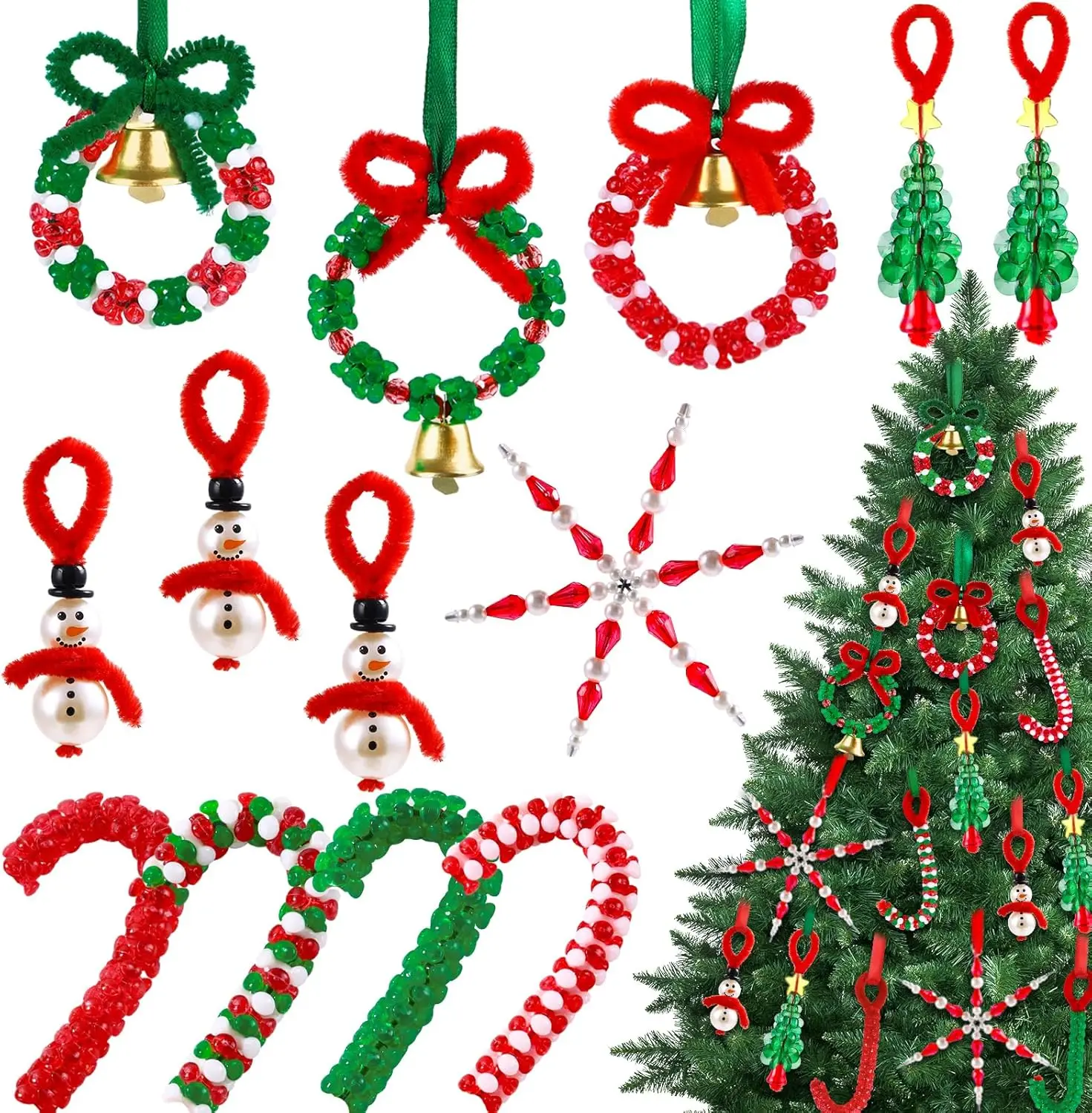 

36 Set Christmas Beaded Crafts Ornament Beading Kit Mini Christmas Tree Classic Plastic Hanging Decor DIY Accessories for Xmas T