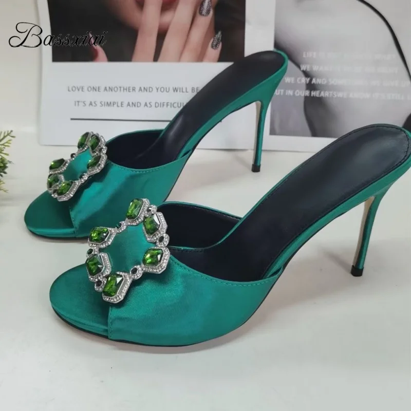 

Crystal Rhinestone Buckle Decor Sandals Women 10cm Stiletto Heel Luxury Satin Slingbacks Summer Mules