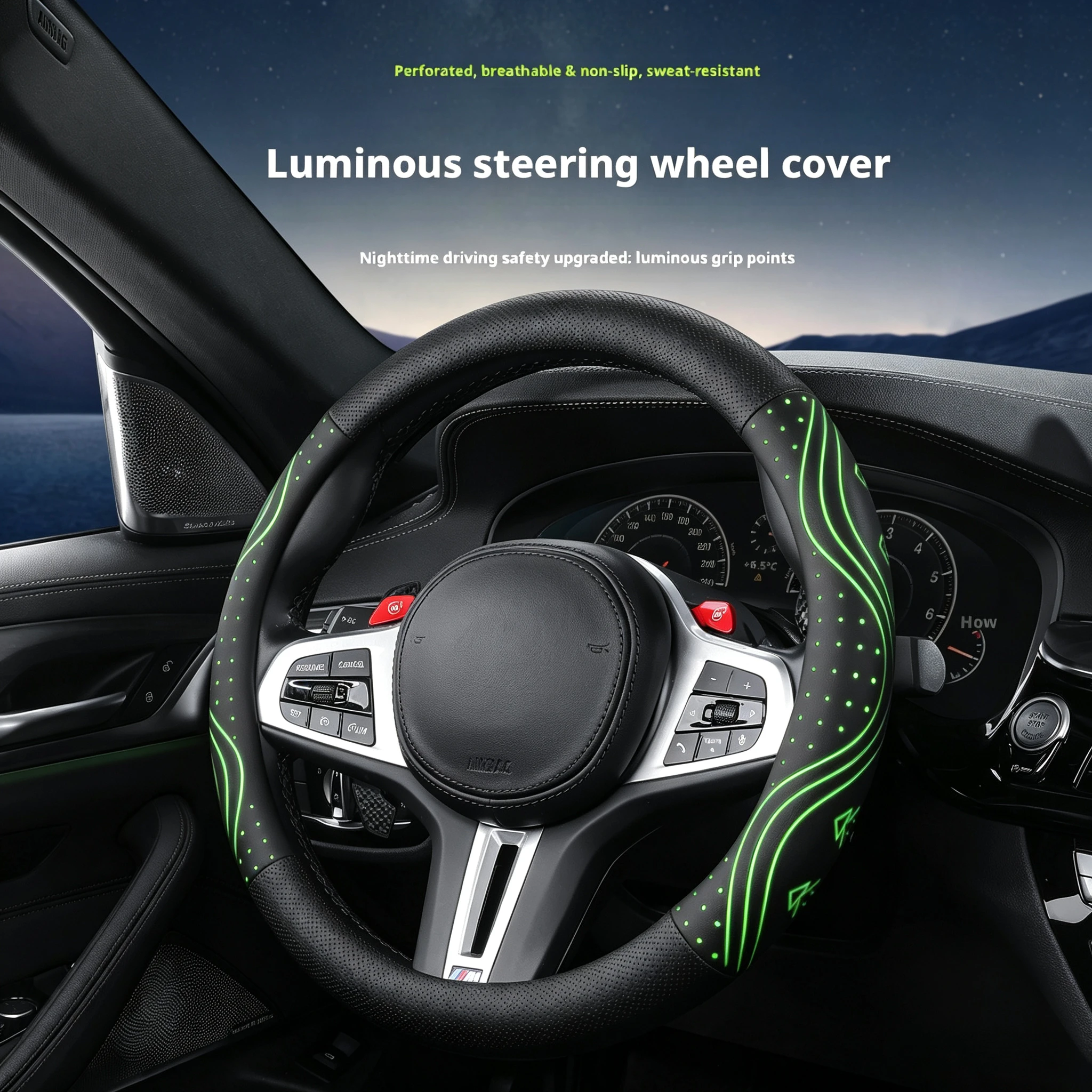 15-inch/37-38cm  Light-up Genuine Leather Steering Wheel Cover D-shape O-shape Double D-shape Anti- Breathable All-season