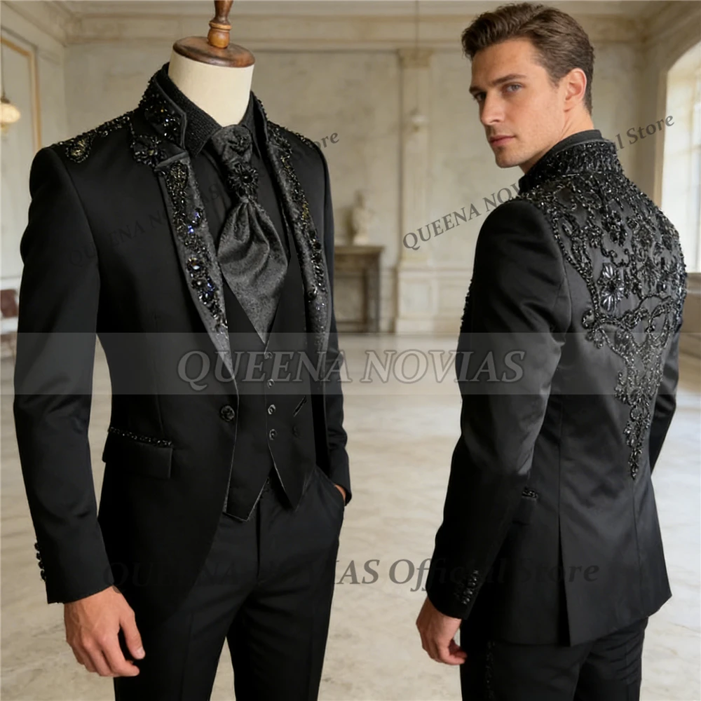 Male Fashion Groom Wedding Suits Black Beaded Stones Prom Blazers Customized 3 Piece Sets Formal Wear Men Tuxedos Attires Skinny