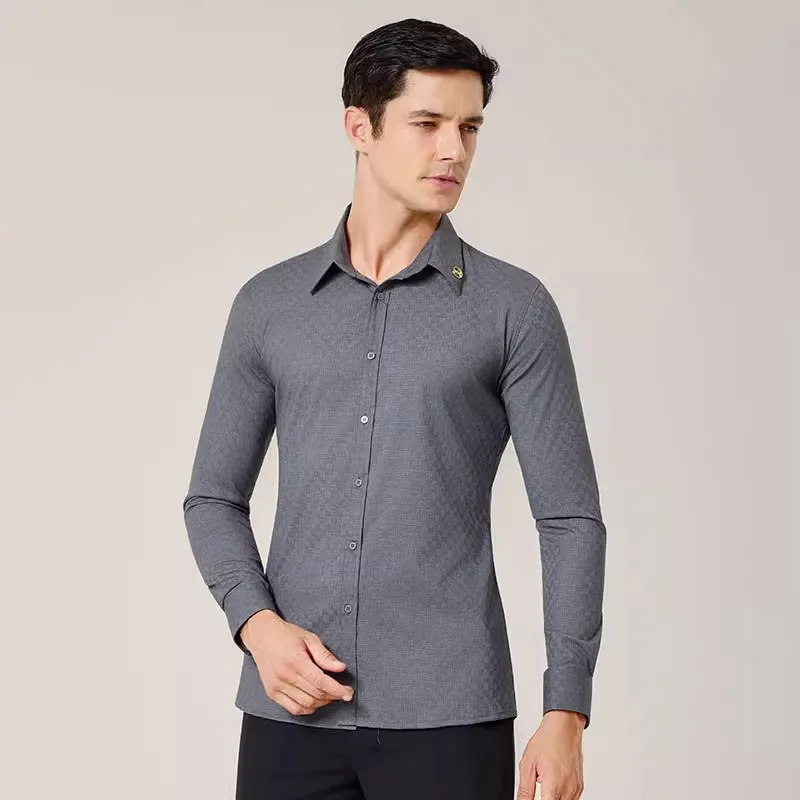 Koszula do tańca latynoskiego męska szara z długim rękawem nowoczesny walc topy do tańca towarzyskiego ubrania wysokiej jakości strój do tańca scenicznego