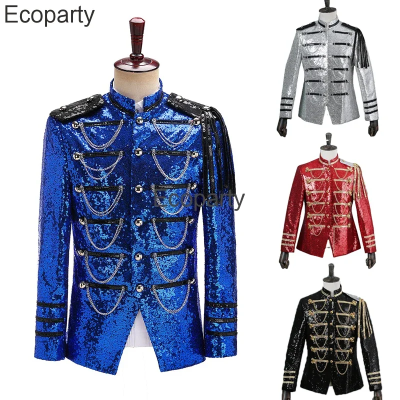 New Men's Luxury Royal Sequin Embellished Military Blazer Jacket Male Stage Party Prom Tuxedo Suit Jacket Singer Show DJ Costume