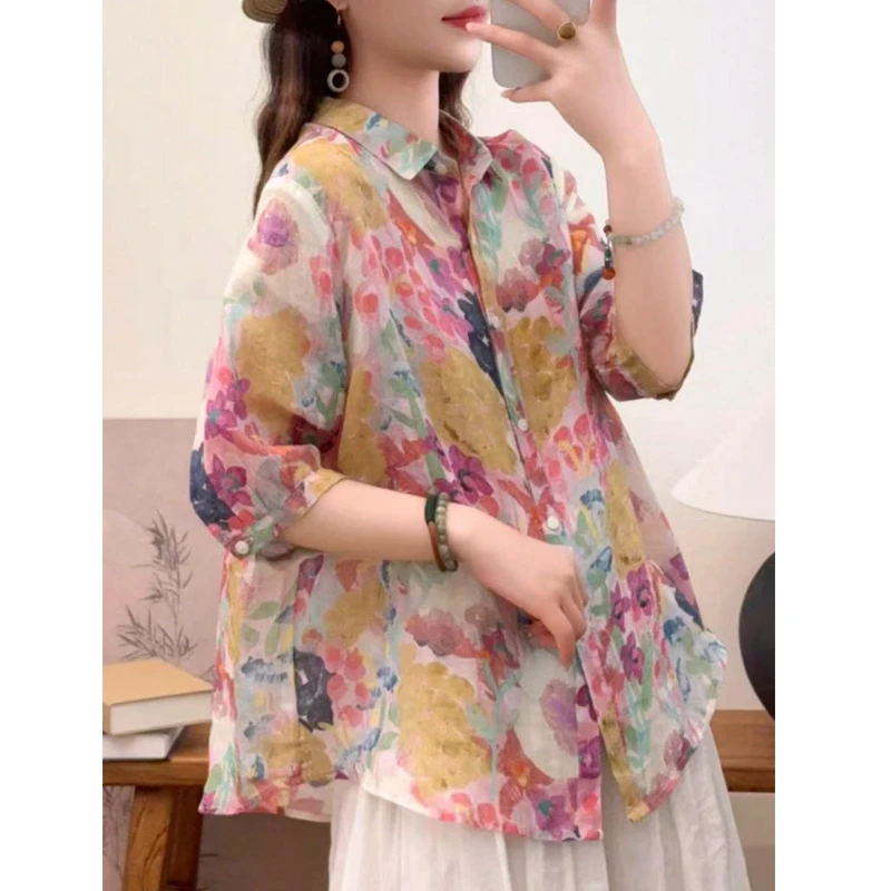 เสื้อแฟชั่นสปริงซัมเมอร์ลำลองลายดอกไม้พิมพ์ลายหลวมๆ เสื้อเชิ้ตผู้หญิงแขนสั้นปกเสื้อแบบเรียบง่ายสไตล์หวานๆ เหมาะสำหรับใส่ไปทำงาน