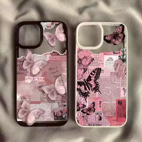 NIS Retro Pink Butterfly Phone Case For Samsung Galaxy S25 S24 Ultra A55 A56 A06 A16 A54 A35 A15 A34 5G S23 S22 FE Cover