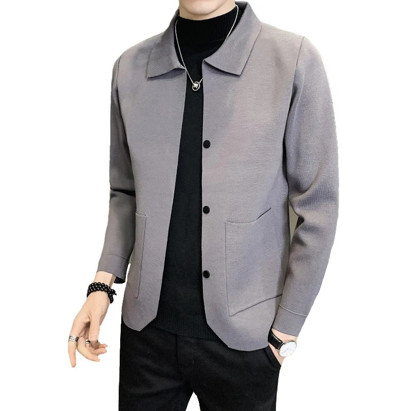 Men's Knitted Cardigan Solid Color Small Suit Style Wool Sweater Jacket