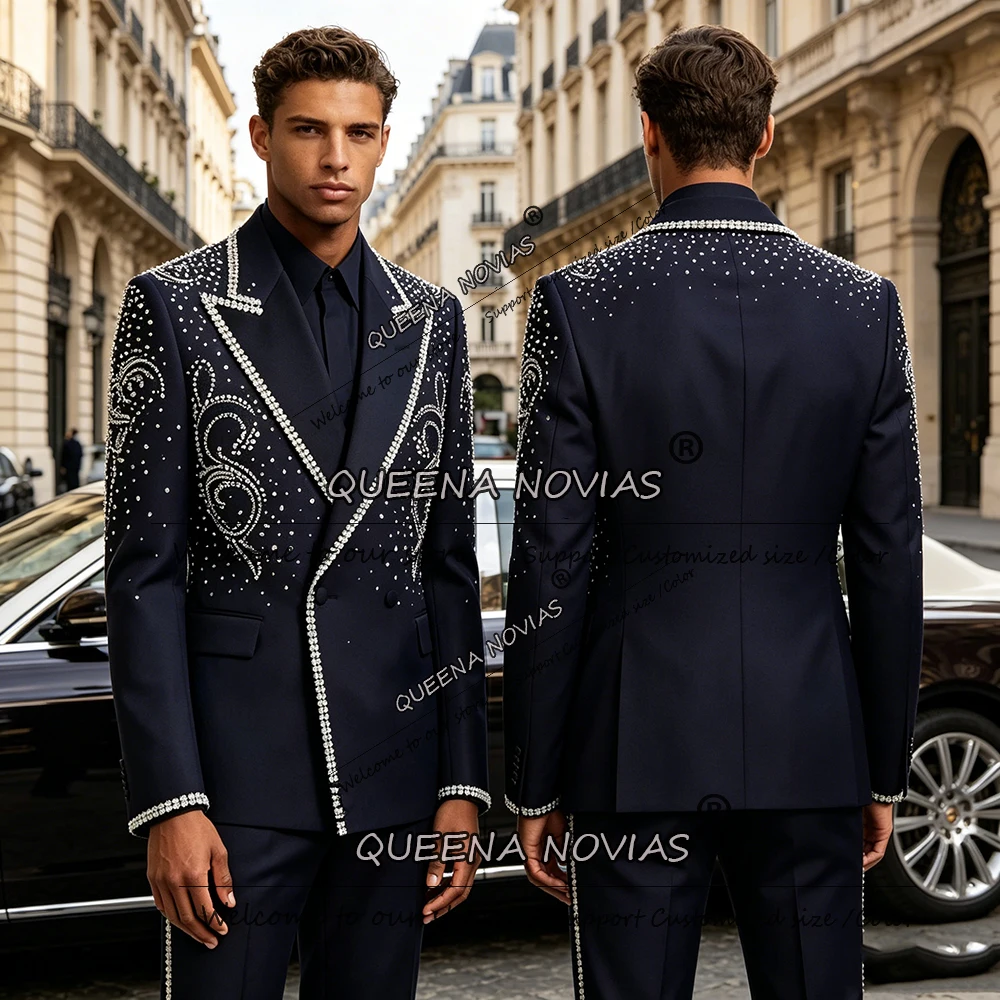 Exclusive Wedding Suit For Man Rhinestone Beaded Prom Blazer Customized 2 Pieces Double Breasted Groom Tuxedos Costumes Hommes