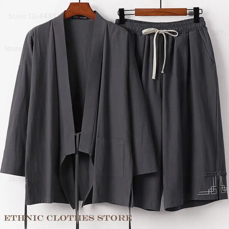 

PLUS SIZE Chinese Style Kimono Cardigan Pants Set Harajuku Samurai Costume Kimono Yukata Haori Bathrobe Cotton Linen Streetwear