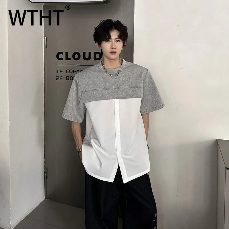 

WTHT Trendy Men's Spliced Fake Two-pieve Contrast Color T-shirts Fashion 2025 Summer Round Neck Short Sleeves Tops Male 2A1092