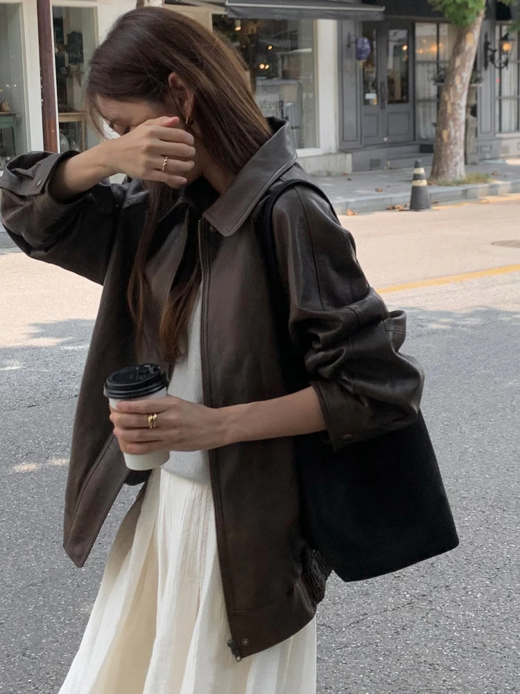 جاكيت نسائي أنيق من الجلد الصناعي بتصميم عصري، ياقة وسحاب، فضفاض ومتعدد الاستخدامات، بأسلوب الدراجات النارية العصري #3