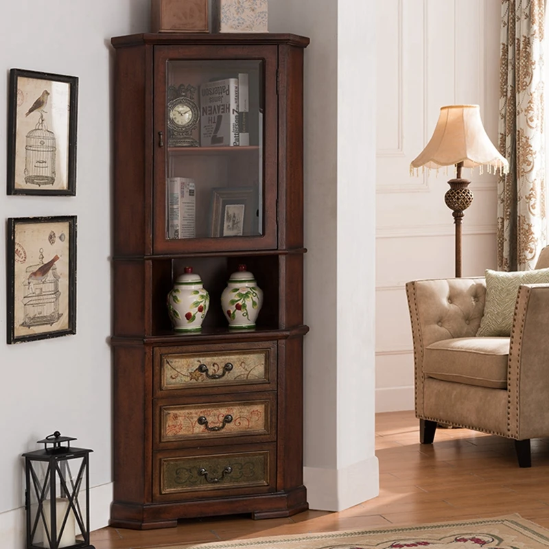 

European-Style Corner Cabinet Solid Wood American Country Entrance Cabinet with Glass Cabinet Door Corner Locker Wine