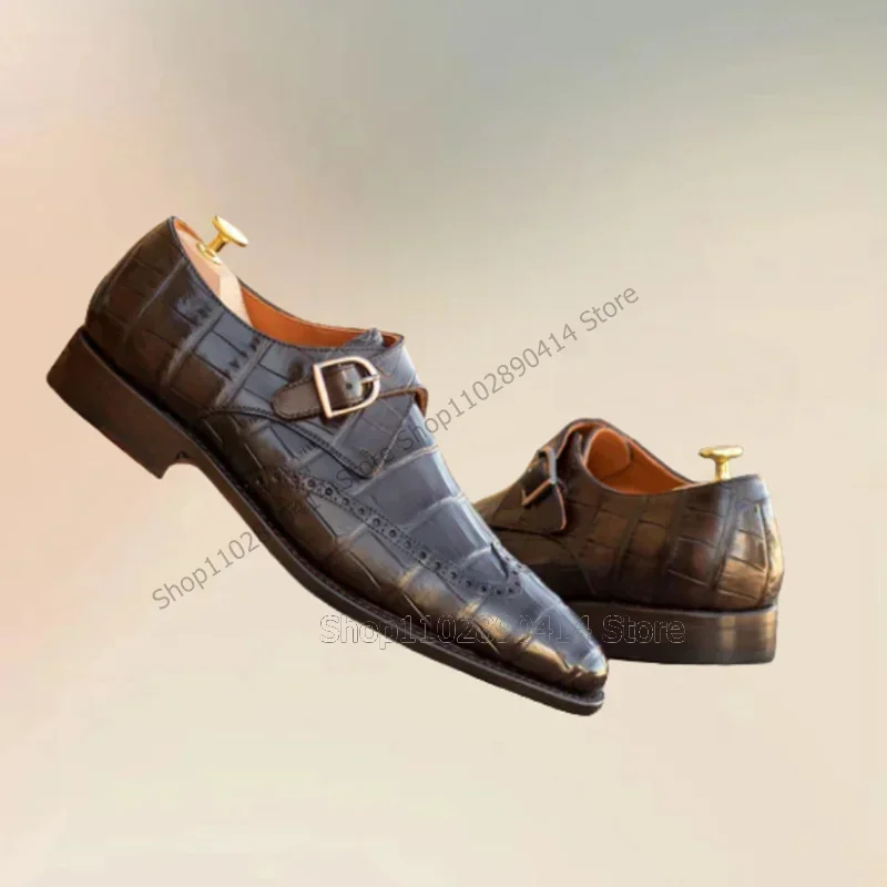 

Brown Alligator Print Carving Design Buckle Decor Loafers Fashion Slip On Men Shoes Luxury Handmade Party Office Men Dress Shoes