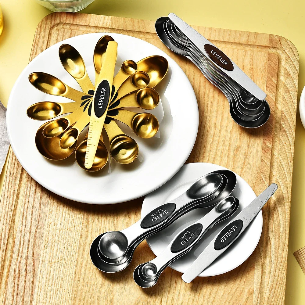 

Серебро, золото, двуглавая мерная ложка из нержавеющей стали, набор из 8 предметов с магнитным всасыванием и мерной ложкой, инструмент для выпечки