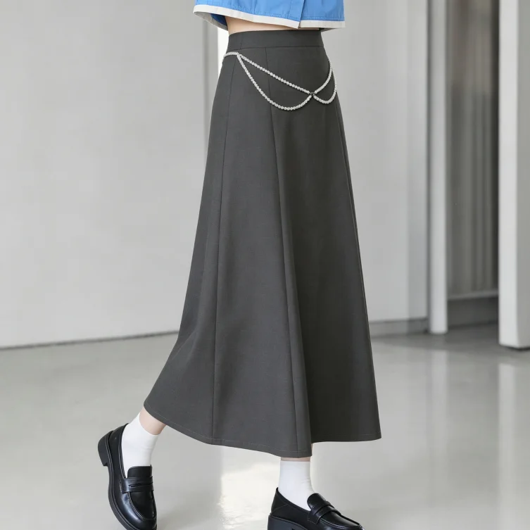 Women Ladies A-line Midi Skirt High Waist Flowy Swing Skirt With Detachable Pearl Chain Elegant Skirt For School Daily Wear 2026