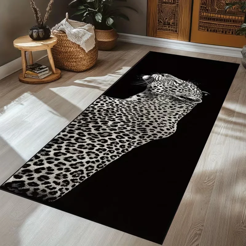 Safari Leopard Runner Carpet, Monochrome Animal Print on Black Rug, Textured Floor Mat for Modern Hallway Statement Fashionable