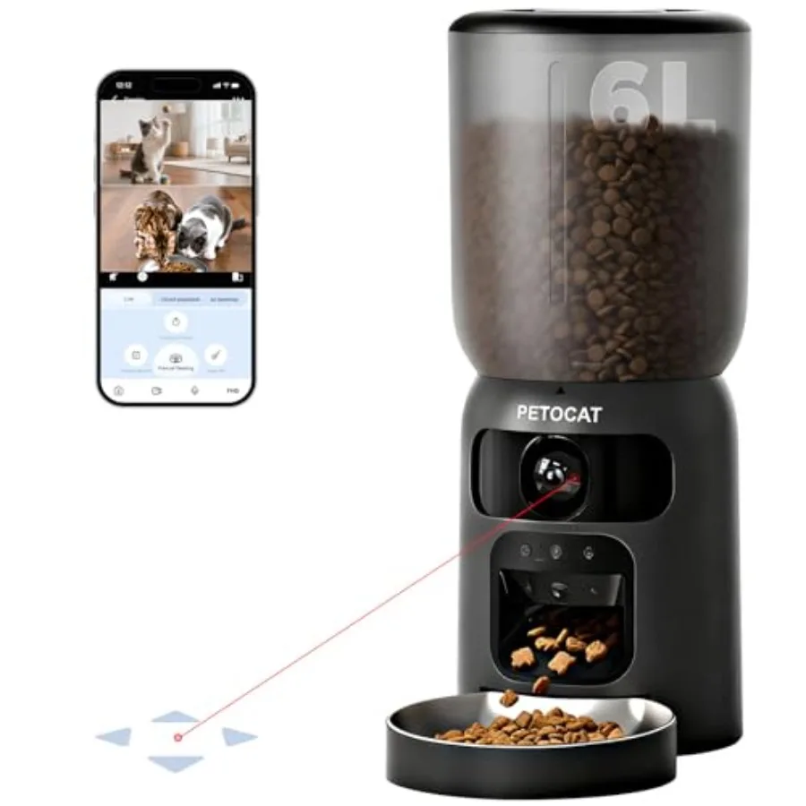 

6L Automatic Cat Feeder with Dual 2K HD Camera 2.4G/5G WiFi Cat Food Dispenser with Cat Recognition Diet Tracking Laser Interac