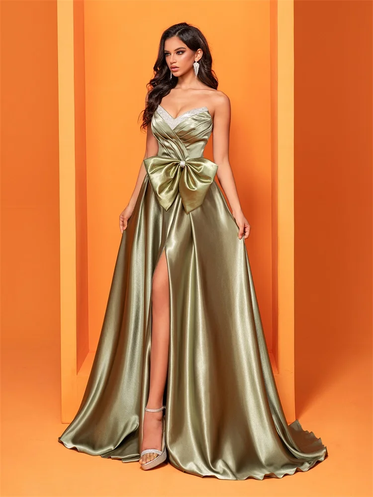 BLUEPLUM Luxury Strapless Women Design Bow Maxi Dress Sexy Slit Satin Evening Dress Party Night Elegant Long Cocktail Prom Gown