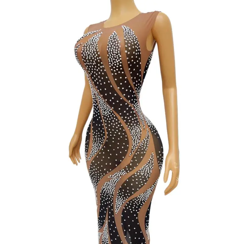 반짝이는 실버 블랙 라인스톤 시스루 메쉬 롱 드레스 여성 모델 가수 연예인 캣워크 생일 공연 의상