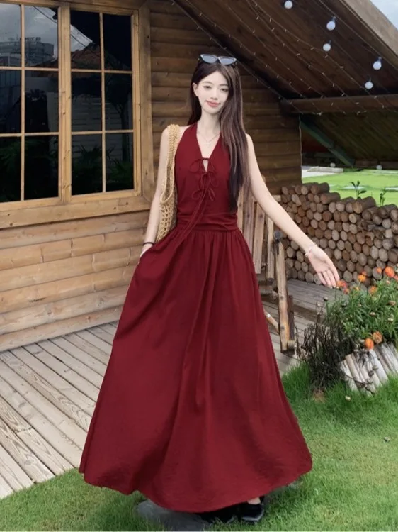 

plus Size Red Vintage Strapl Dr Women's Summer New Sle Waist Cinched Ele A-Line Long Dr Korean Sle Commute