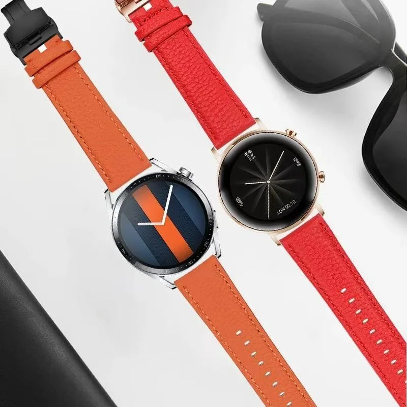 New popular litchi patterns genuine leather watch straps 20mm 22mm suitable for Huawei GT2 and Samsung smartwatches