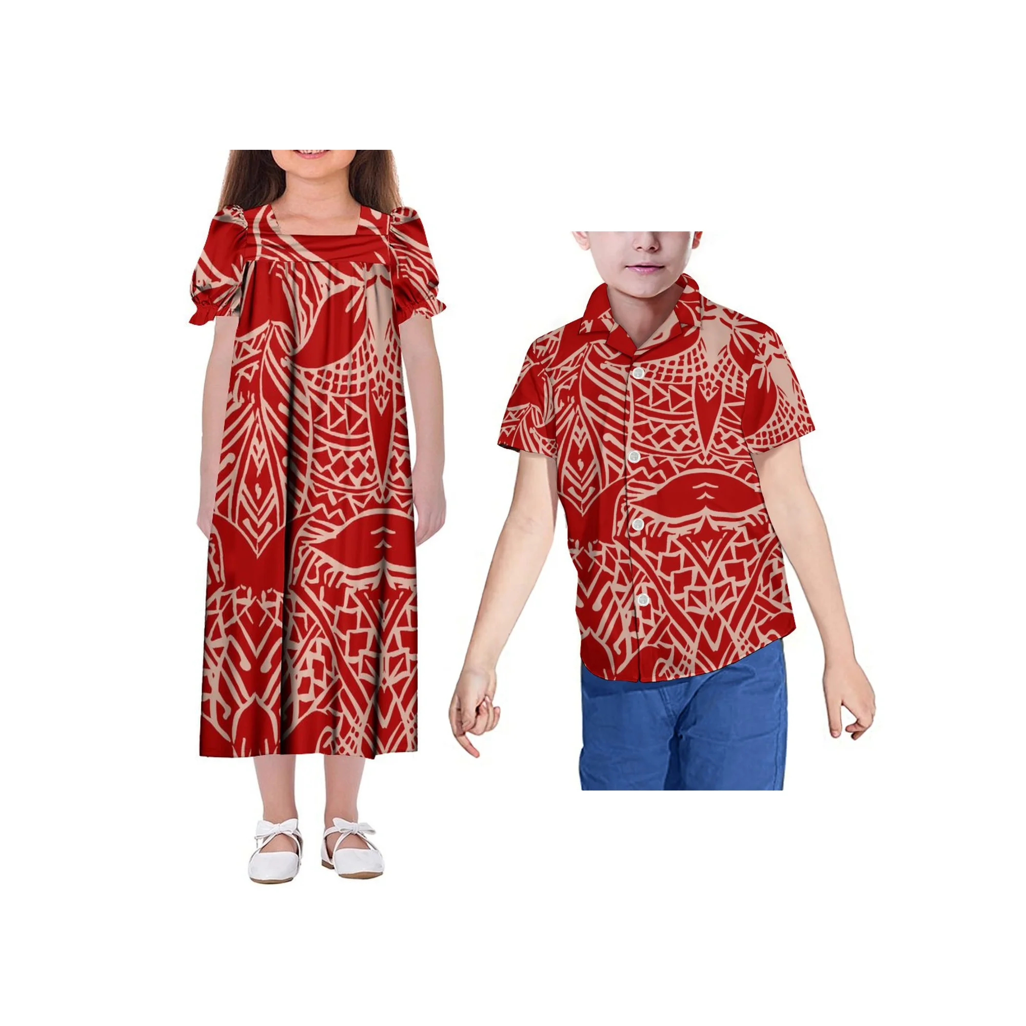 Micronesia Square Collar Short Sleeve Temperament Children Skirt Polynesian Print Custom Summer Party Mumu Dress