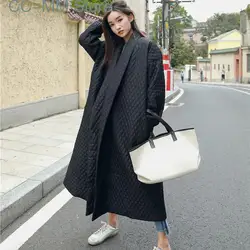 New Street Thin Style Black Oversize Lapel Back Vent Button Female's Long Cotton Coat Jaqueta Feminina